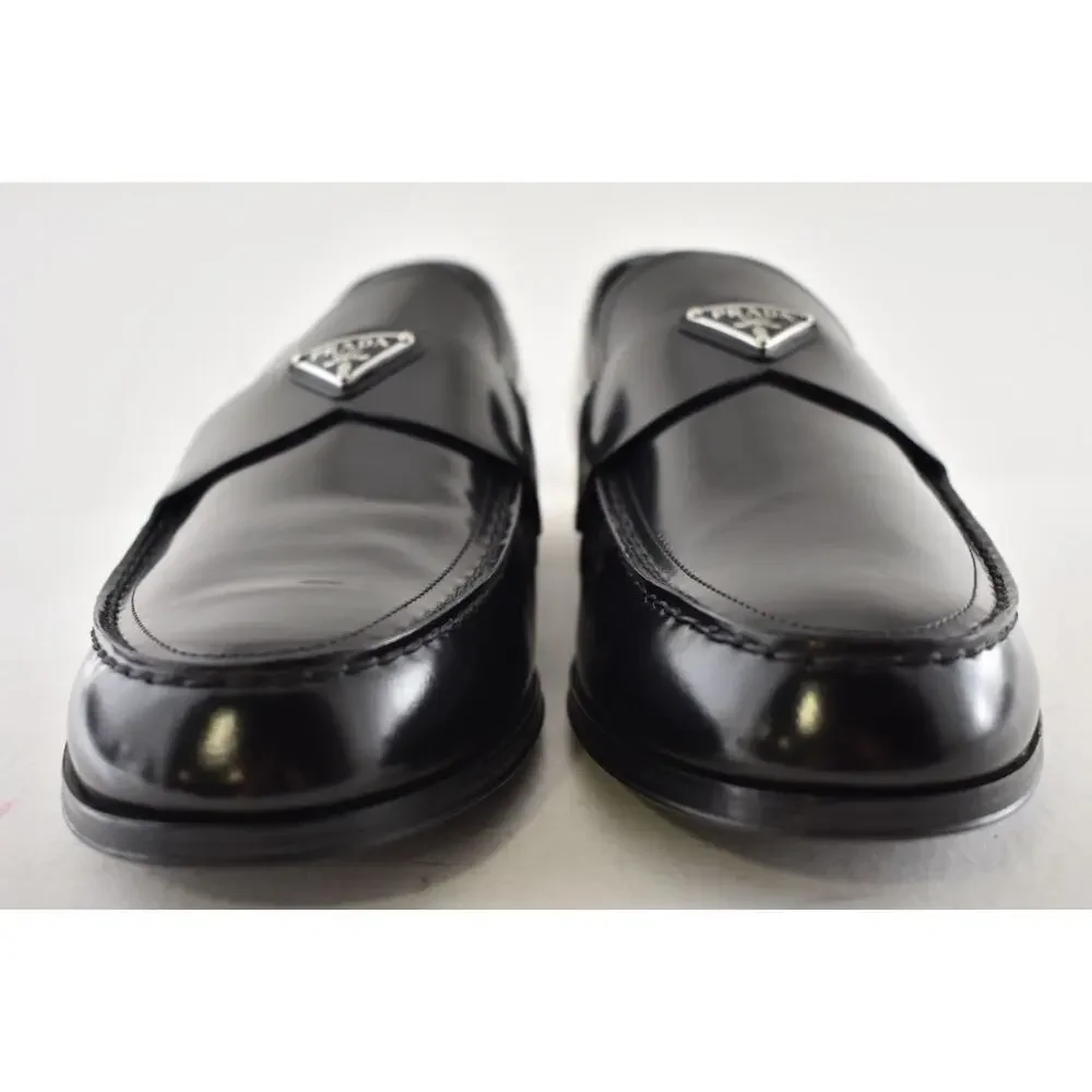 Prada Black Brushed Leather Triangle Logo Classic Loafer SlipOn Flat UK 12 US 13 - Picture 12 of 16